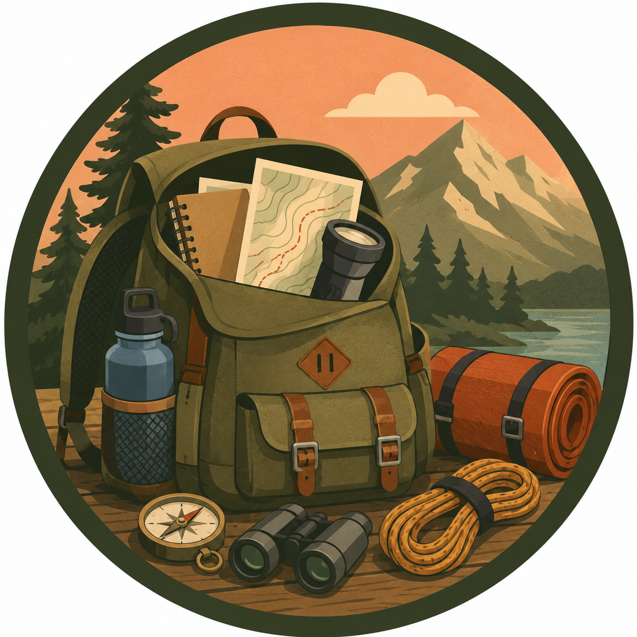 Backpack and trail gear in a mountain landscape