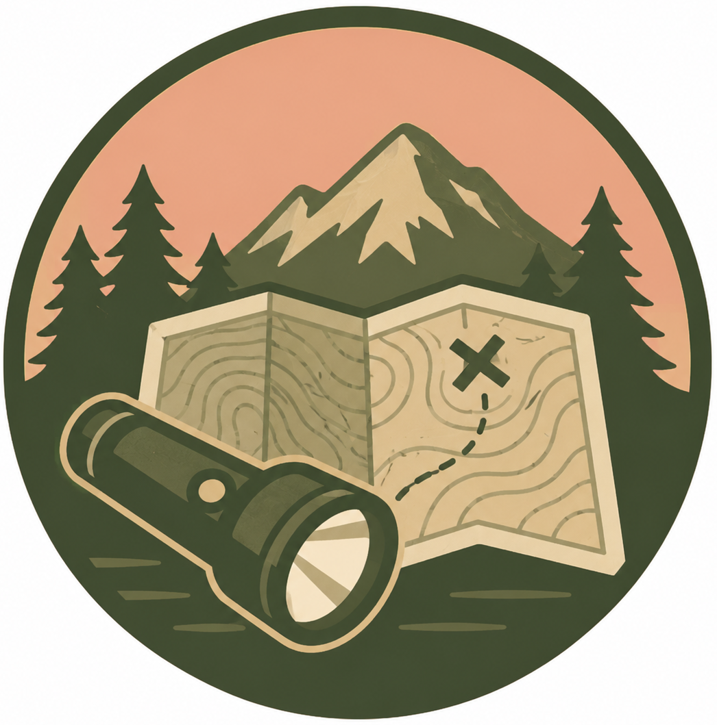 Map and flashlight beneath a mountain